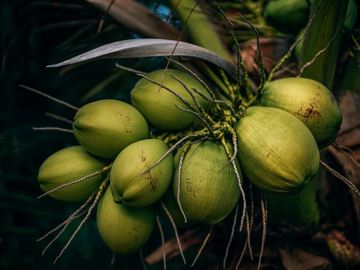 Grüne Kokosnüsse an der Palme
