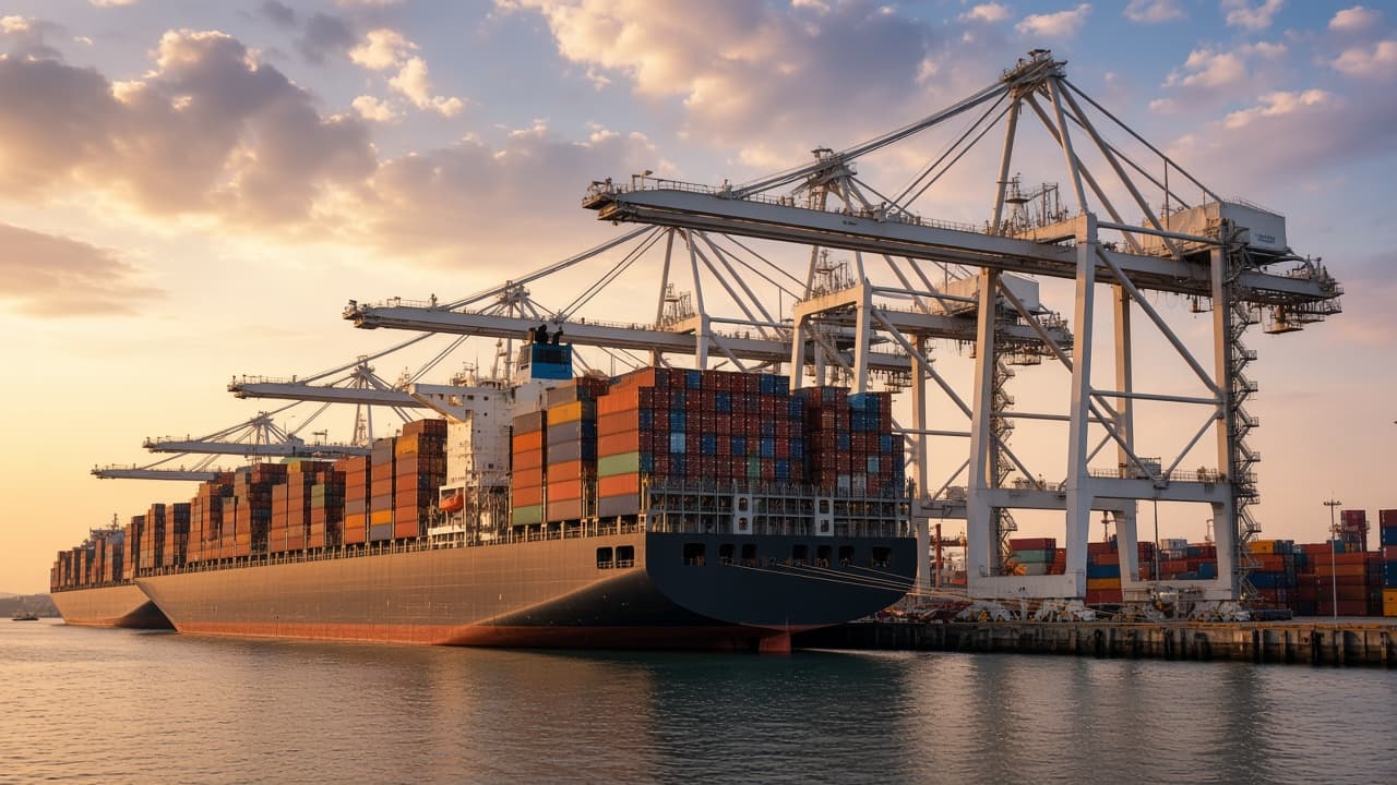 Containerschiffe unter Hafenkränen